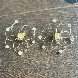 Gold and Silver Floral Wire Earrings with Crystal Center
